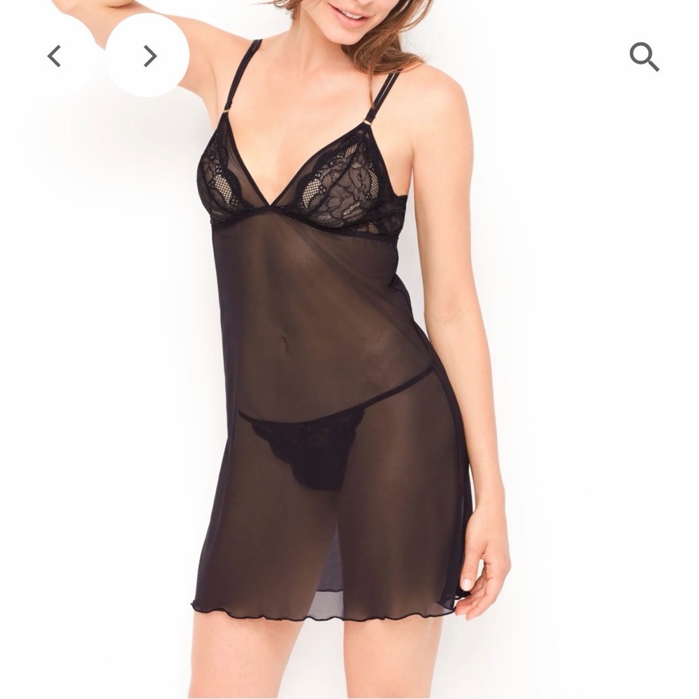 BeMe Intimates Chic Sheer Black Lace Negligée & Lace Front Thing Set Large NWT
